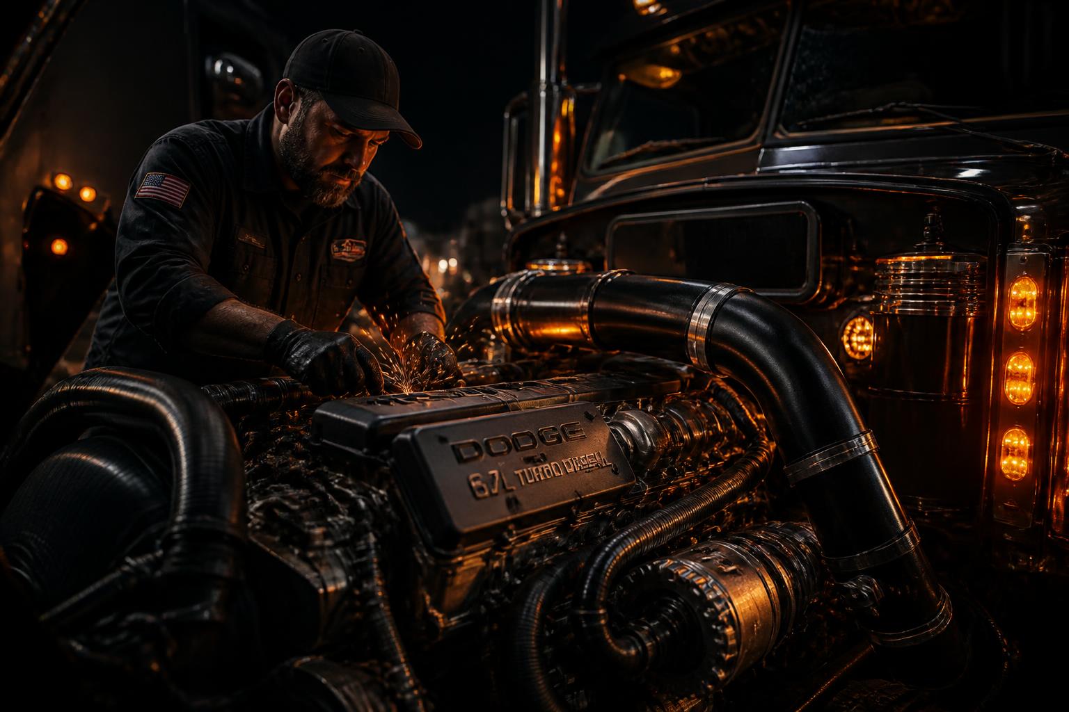 Mecânico trabalhando em motor diesel pesado